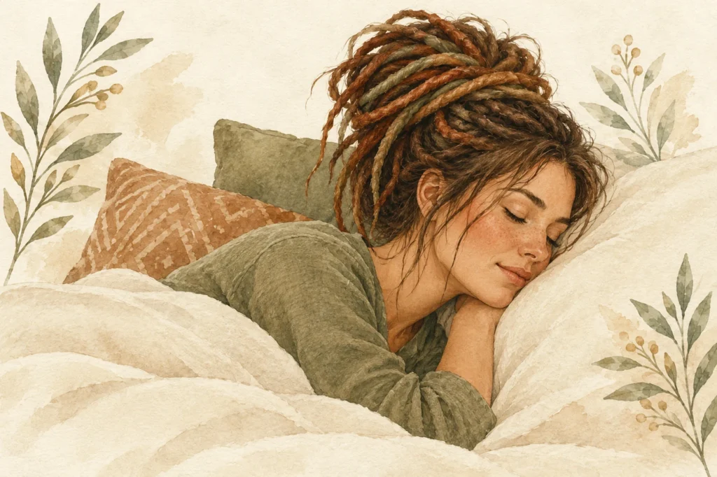 Stylizovaná ilustrace pohodlného spaní s fakedredy první dny po napletení